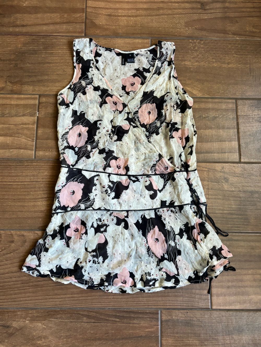 Kenzie 100% Silk Floral Lace-Up Sleeveless Blouse Size 10 Boho Peplum Top